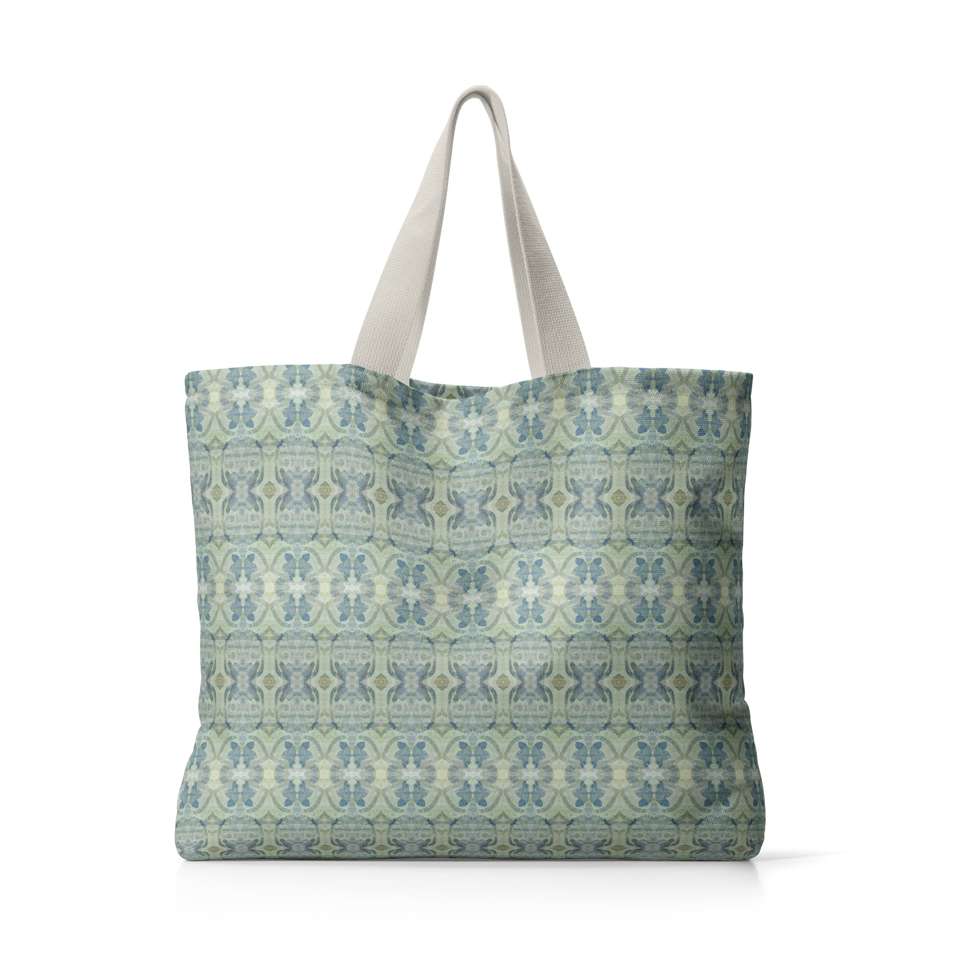Canvas tote bag featuring an abstract blue and green pattern