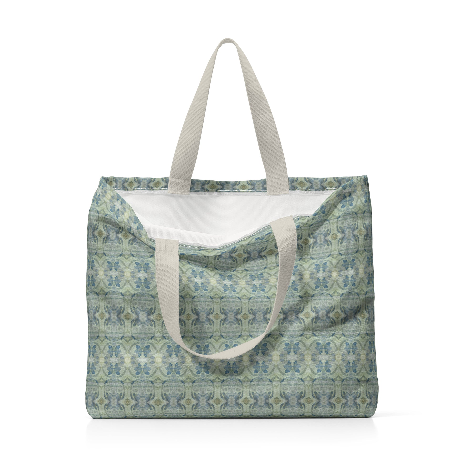 Canvas tote bag featuring an abstract blue and green pattern
