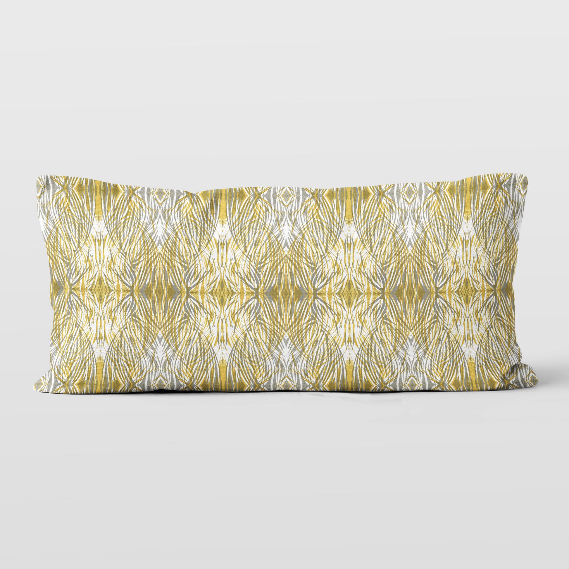 12 x 24 lumbar pillow featuring a gold and gray abstract linocut pattern.