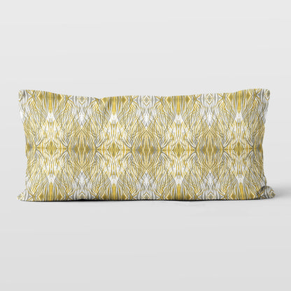 12 x 24 lumbar pillow featuring a gold and gray abstract linocut pattern.