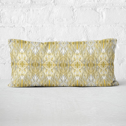 12 x 24 lumbar pillow featuring a gold and gray abstract linocut pattern.