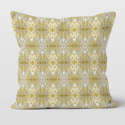 Throw pillow featuring linocut pattern in gold and gray.