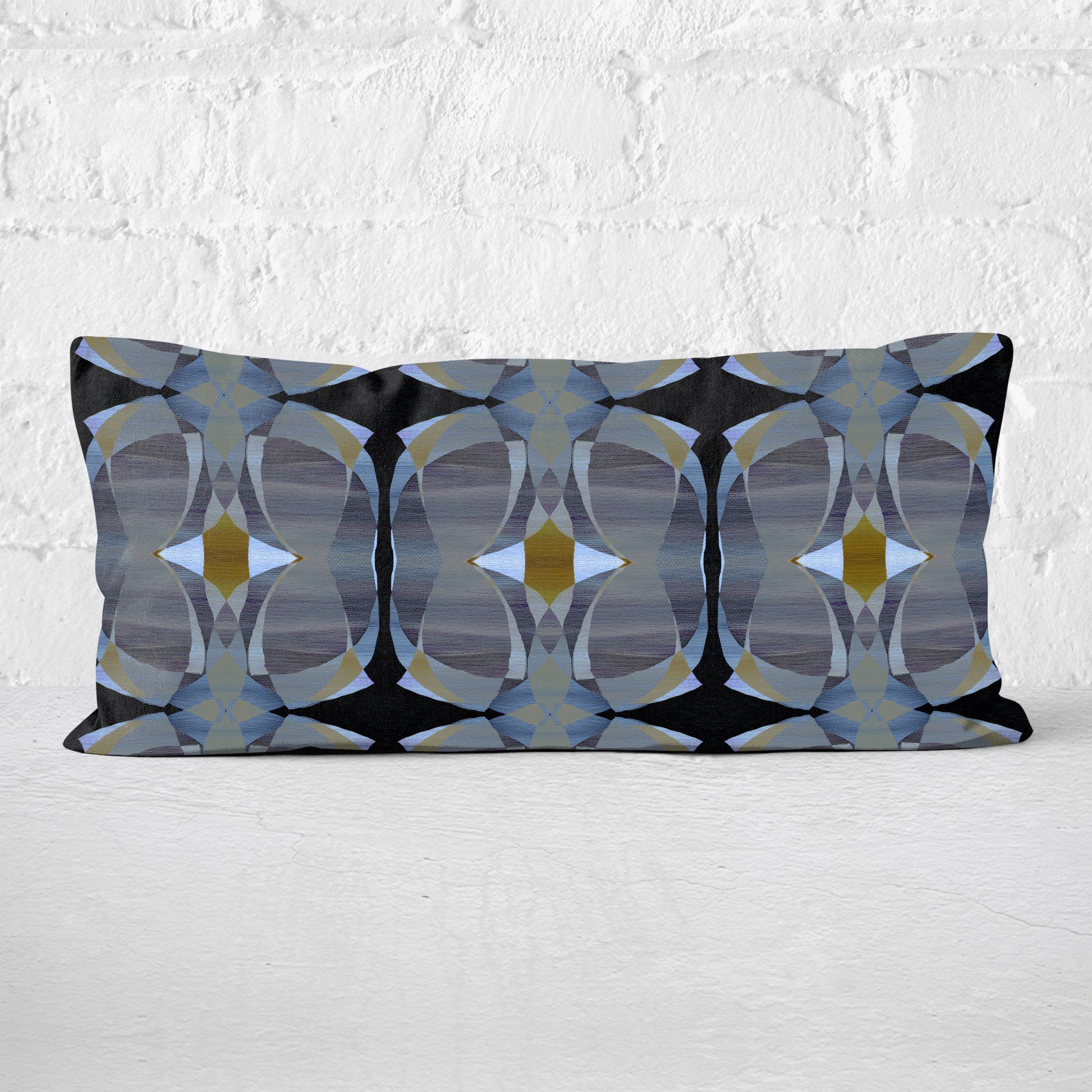Rectangular lumbar pillow featuring a hand-painted pattern in black, grey, and gold tones.