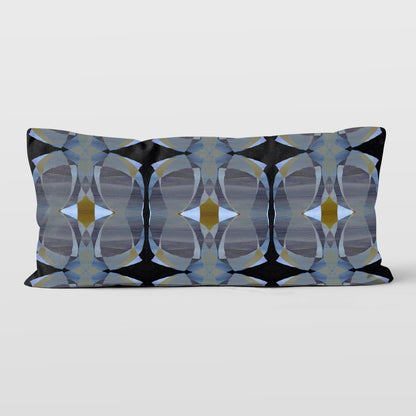 Rectangular lumbar pillow featuring a hand-painted pattern in black, grey, and gold tones.