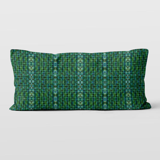 Rectangular lumbar pillow featuring a hand-painted abstract plaid pattern in kelly green.