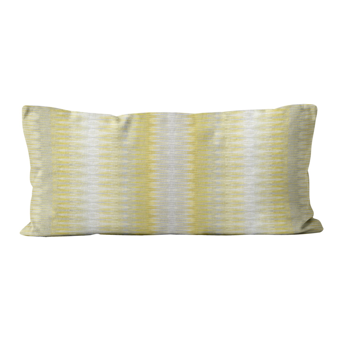 Rectangular pillow with yellow and gray striped pattern on a white background