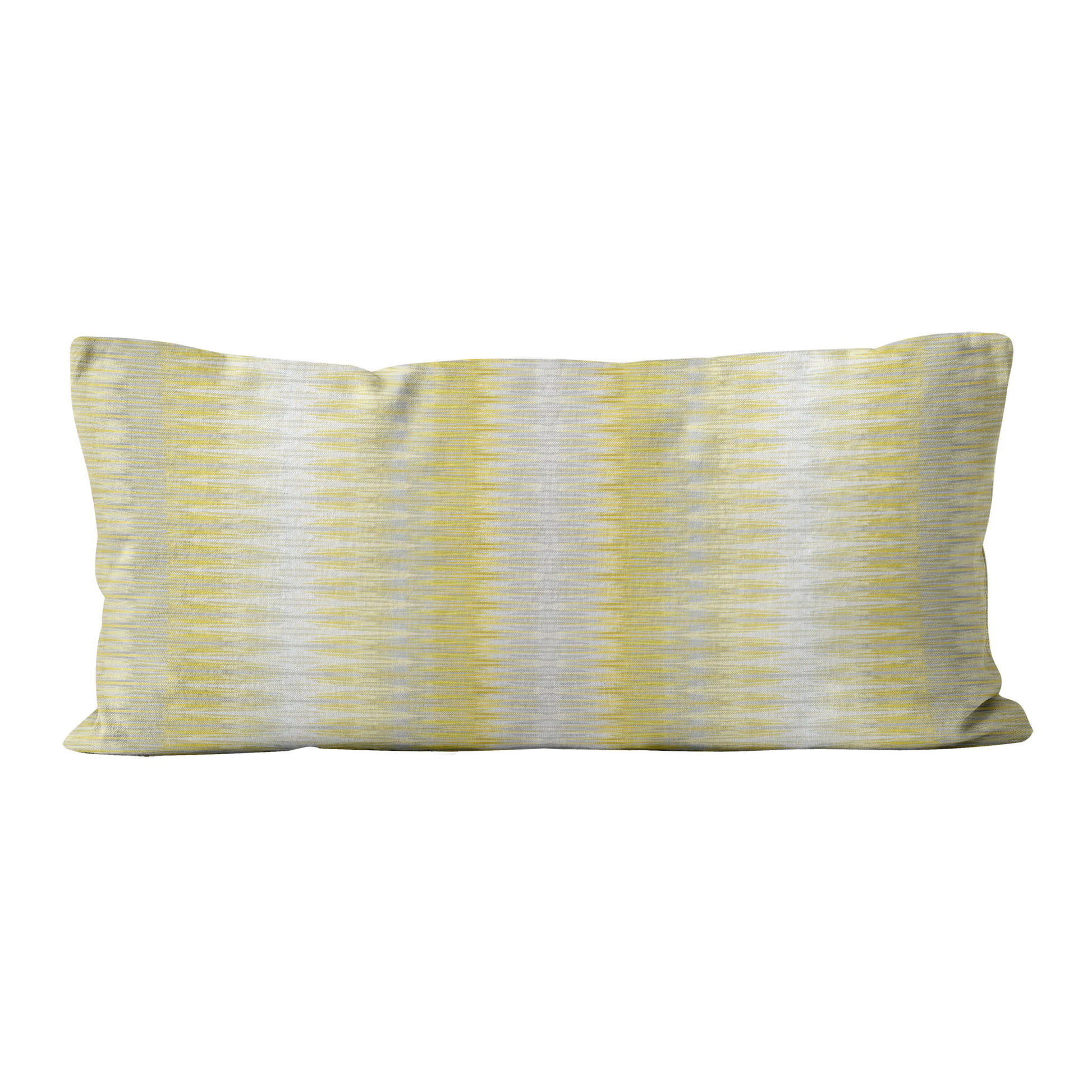 Rectangular pillow with yellow and gray striped pattern on a white background