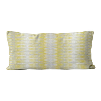 Rectangular pillow with yellow and gray striped pattern on a white background