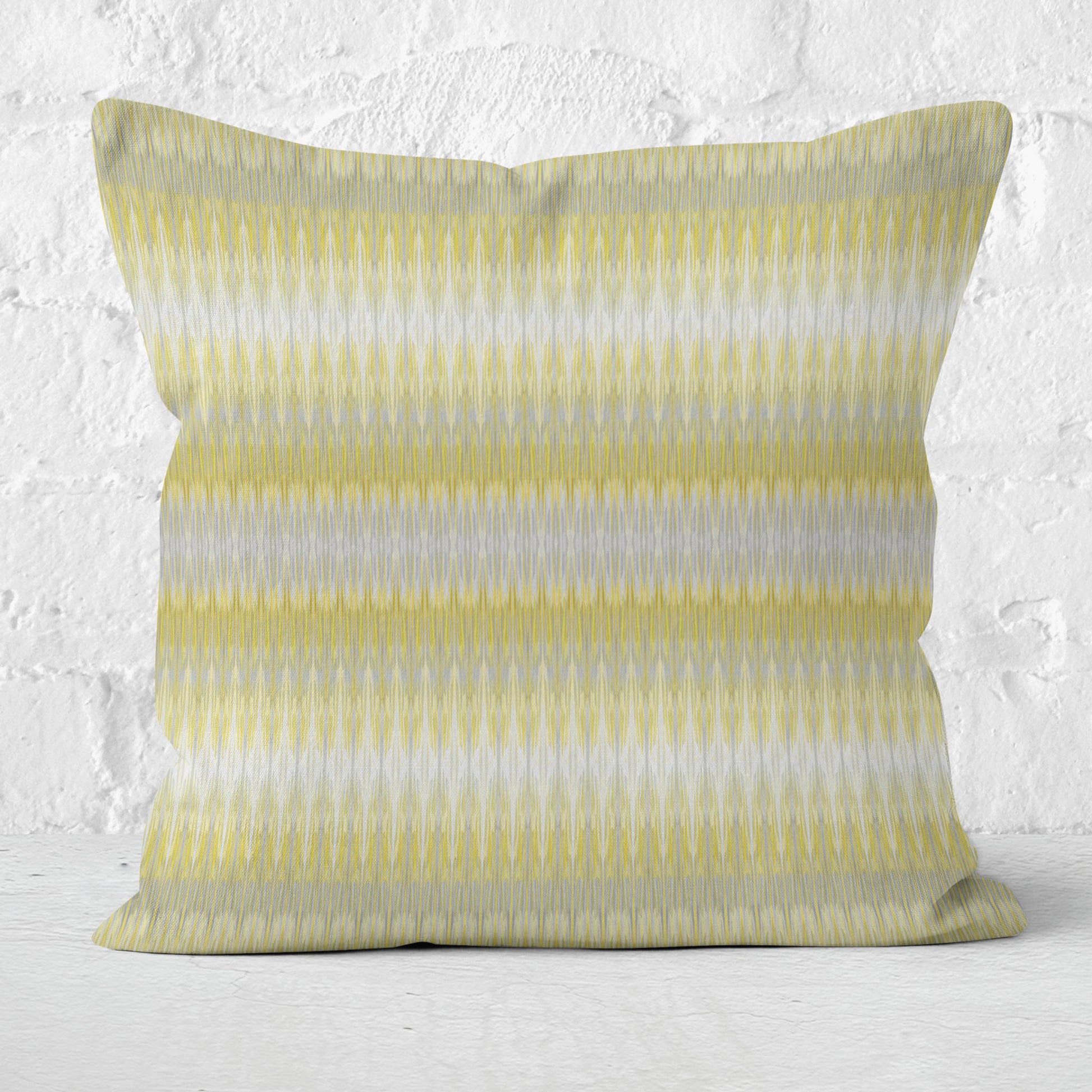 Square pillow featuring hand painted yellow and grey stripe.
