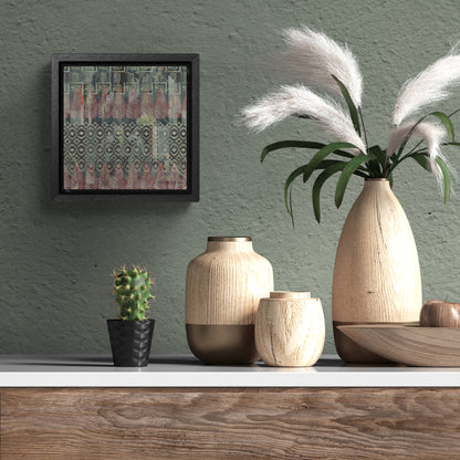 Stretched mini canvas print featuring a woodblock print hanging over a modern cabinet with plants and ornaments