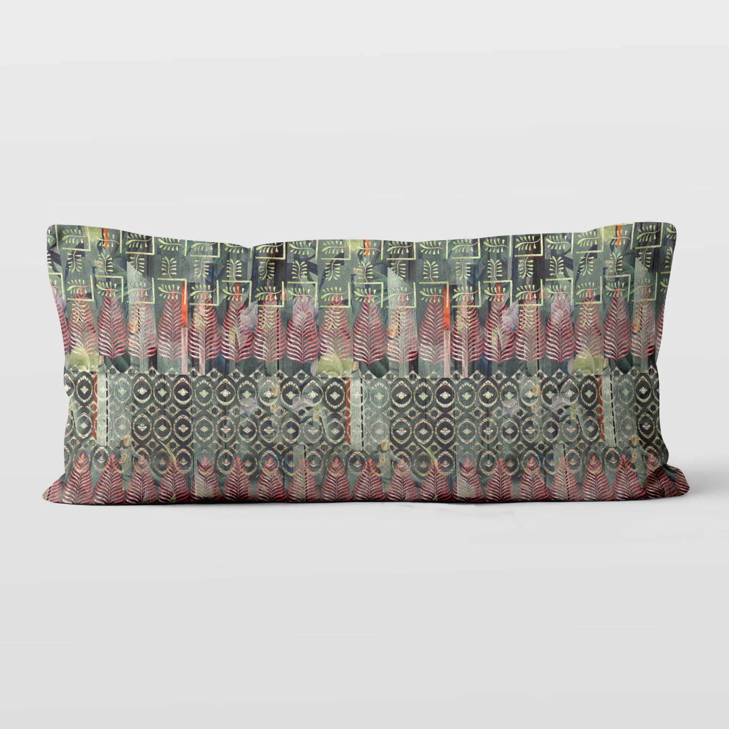 Rectangular lumbar pillow featuring a collaged and block print pattern in green.