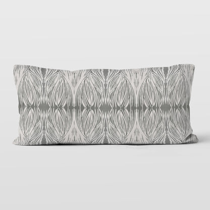Rectangular lumbar pillow featuring an abstract linocut pattern in grey tones.