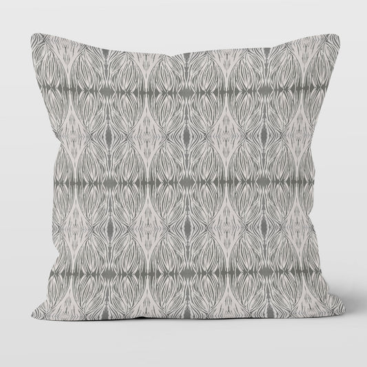 Square throw pillow featuring an abstract linocut pattern in grey.