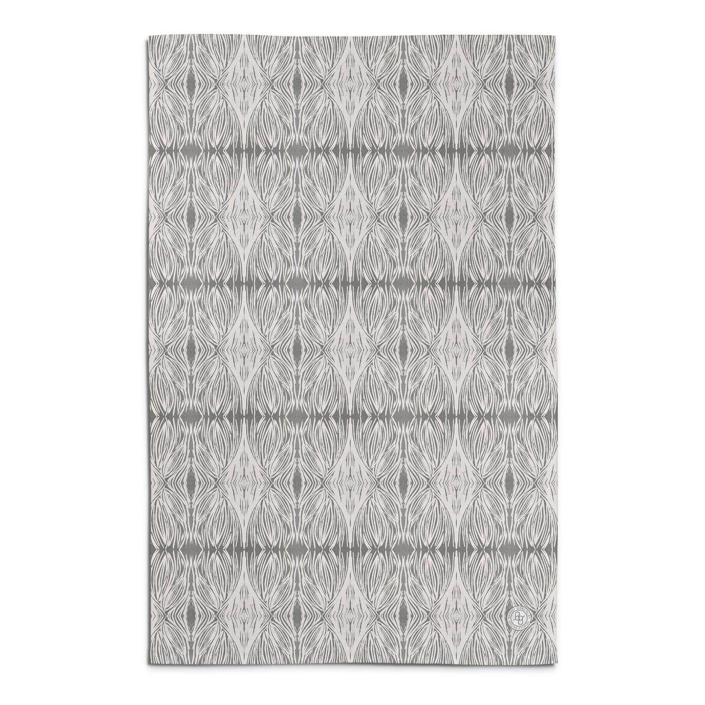 Flour sack tea towel featuring a gray and beige abstract pattern