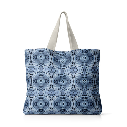 Large tote bag featuring an abstract hand-painted blue design