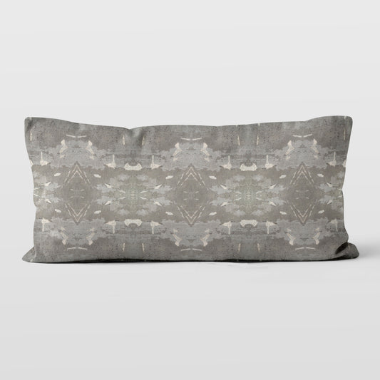 Lumbar pillow featuring a grey abstract geometric pattern