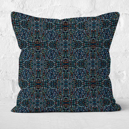 Square throw pillow featuring abstract hand-painted pattern in black, dark blue, and brown tones.