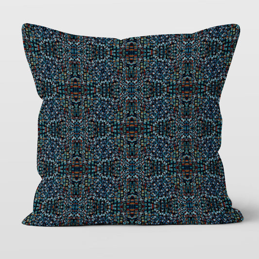 Square throw pillow featuring abstract hand-painted pattern in black, dark blue, and brown tones.
