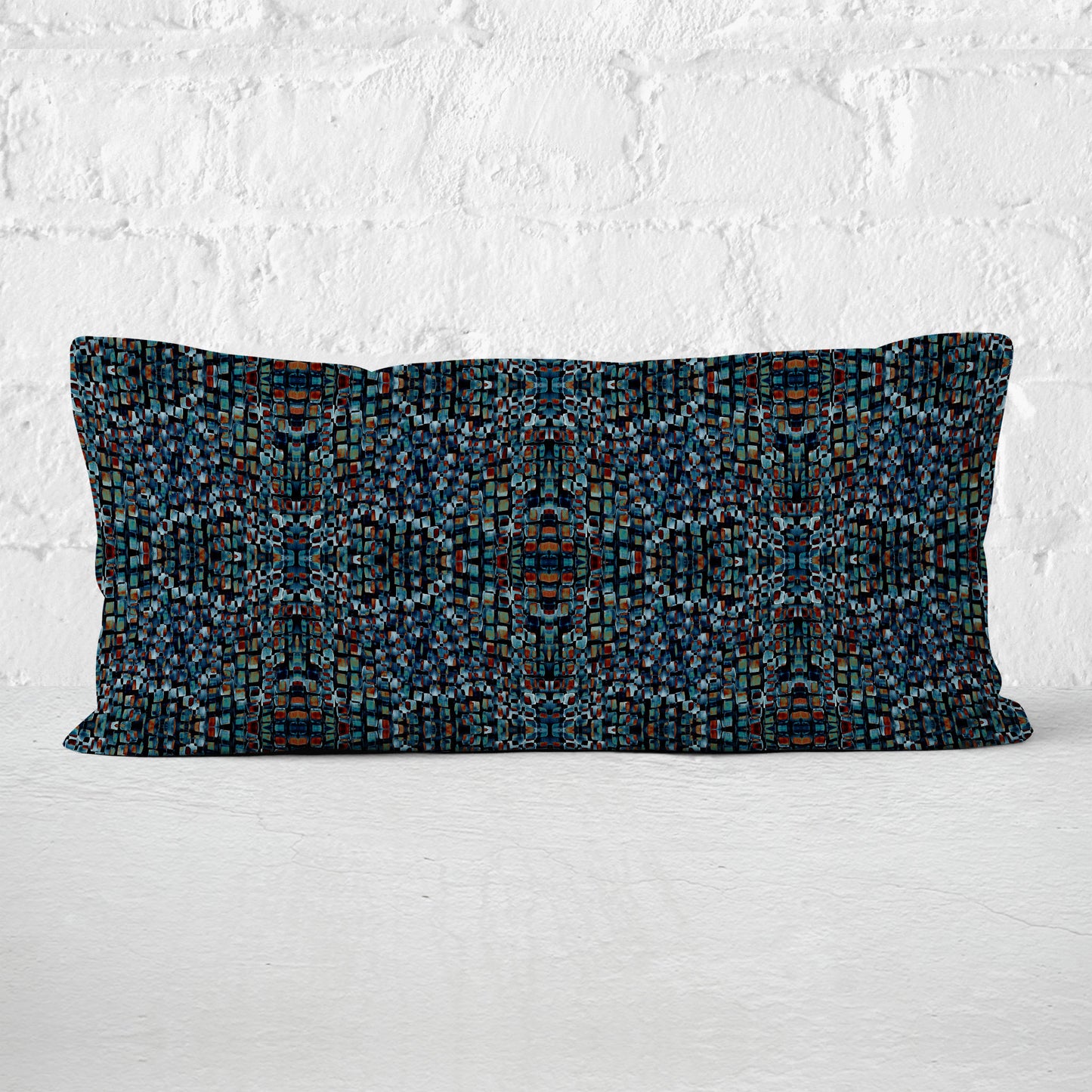 Rectangular lumbar pillow featuring an abstract hand-painted pattern in black, dark blue, and brown.