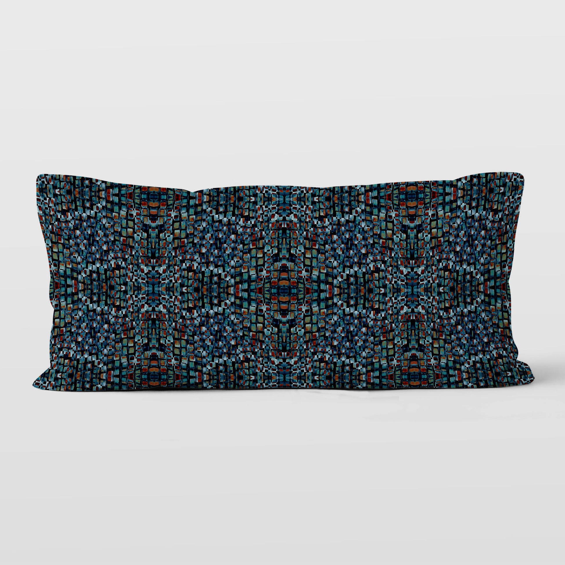 Rectangular lumbar pillow featuring an abstract hand-painted pattern in black, dark blue, and brown.