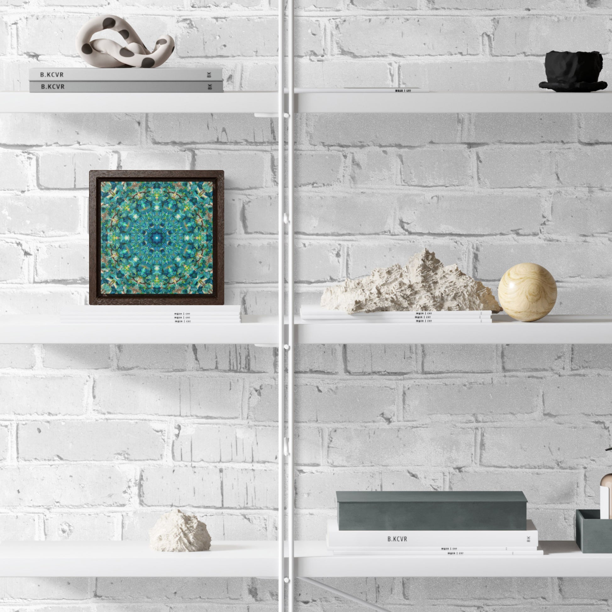 Teal mini canvas on a white bookcase