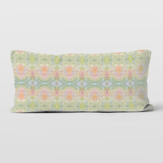 Lumbar pillow featuring a hand-painted abstract pattern in pastel colors.