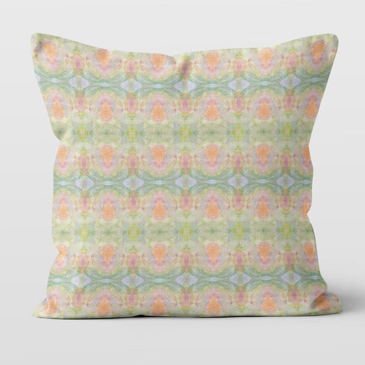 Square throw pillow featuring a hand-painted abstract pattern in pastel colors.