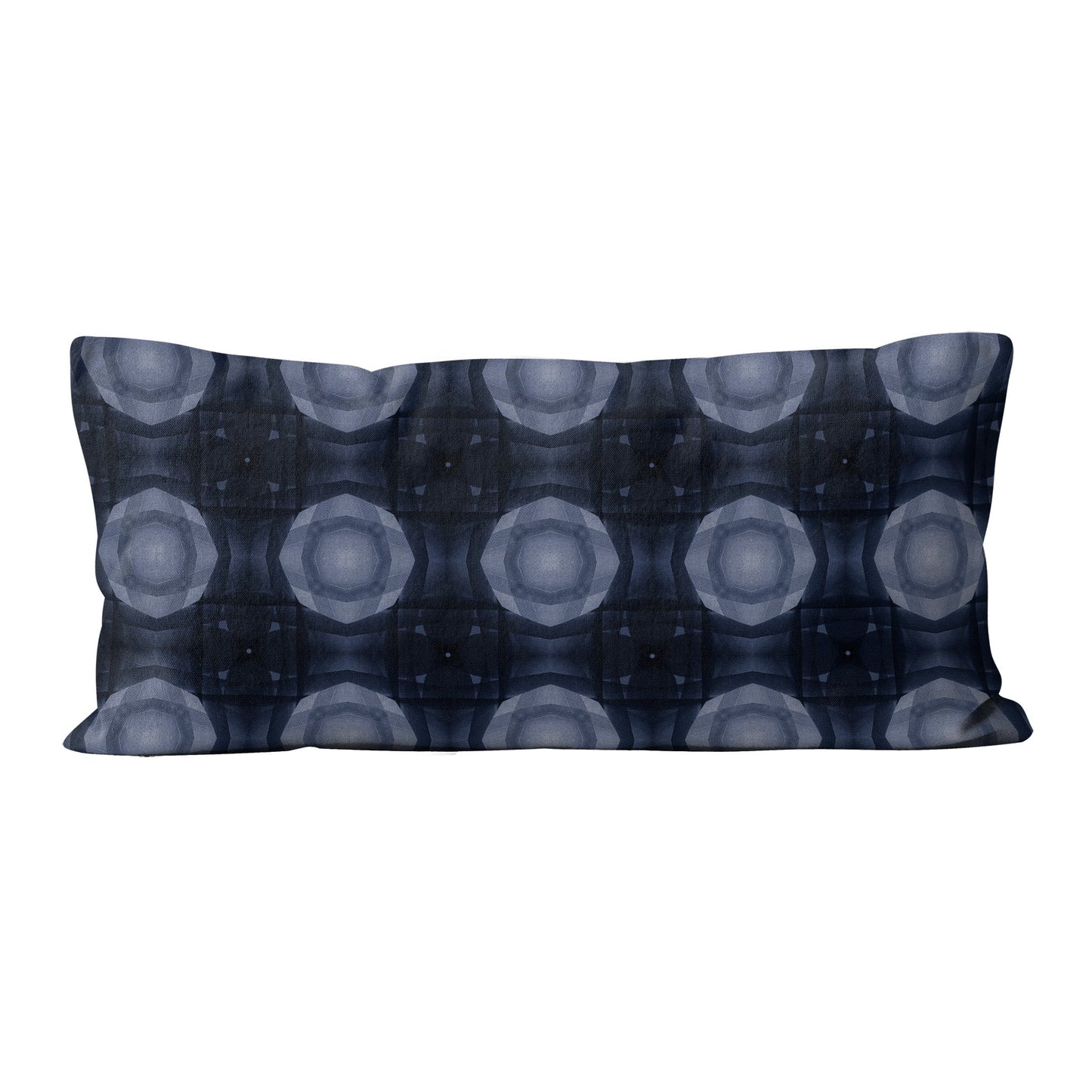 12  inch by 24 inch lumbar pillow featuring a collage-based geometric pattern in shades of blue.