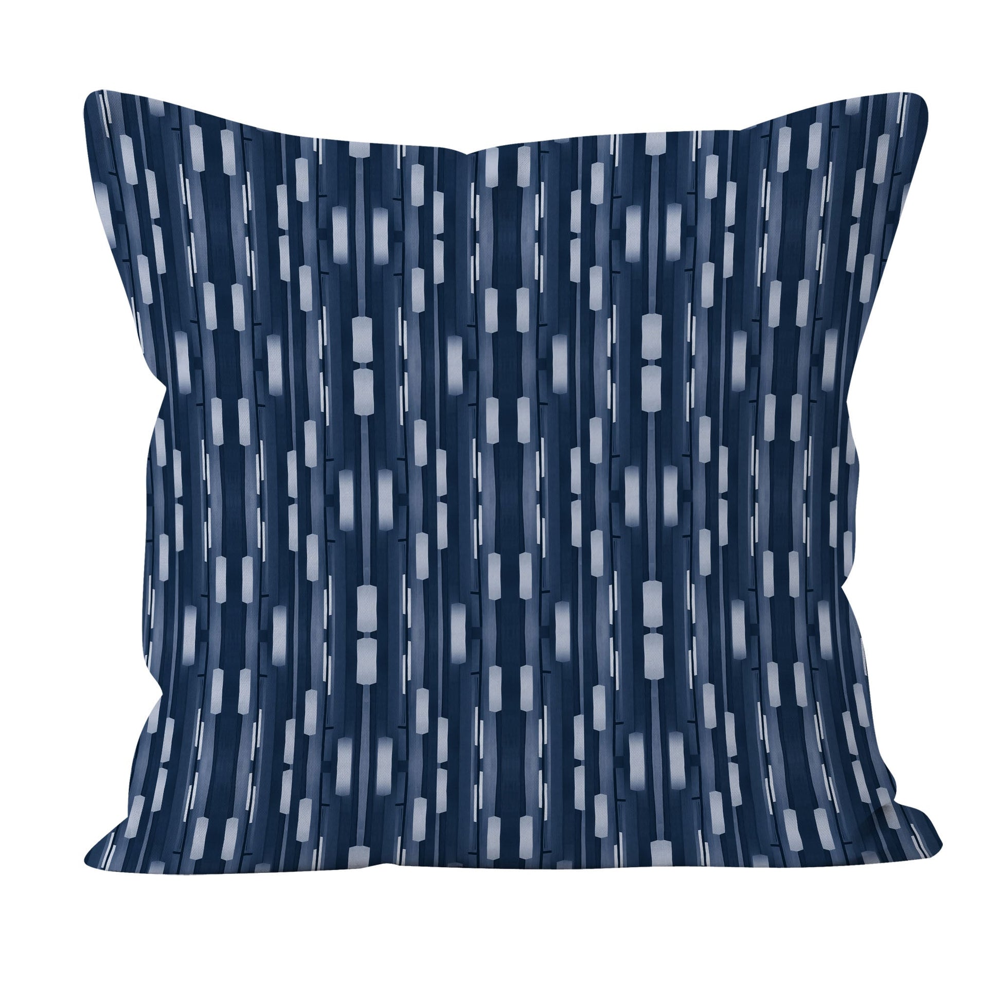 Pillow featuring collaged stripe pattern in blue and white