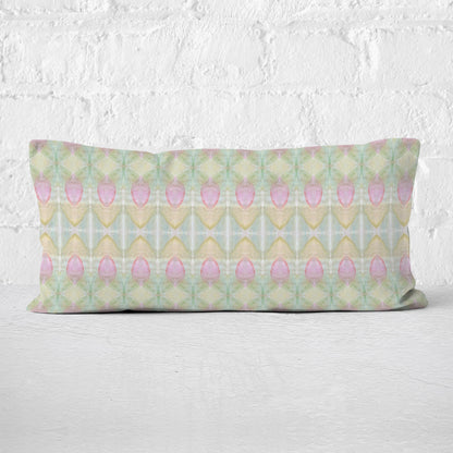 rectangular pillow featuring a hand-painted abstract rosebud pattern.