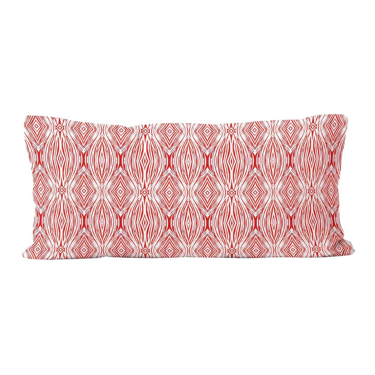 12 x 24 lumbar pillow featuring a red and white abstract linocut pattern.