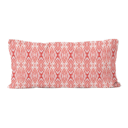 12 x 24 lumbar pillow featuring a red and white abstract linocut pattern.