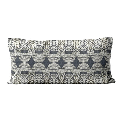 Rectangular lumbar pillow featuring abstract ornate pattern in black and grey tones.