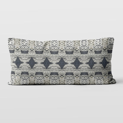 Rectangular lumbar pillow featuring abstract ornate pattern in black and grey tones.