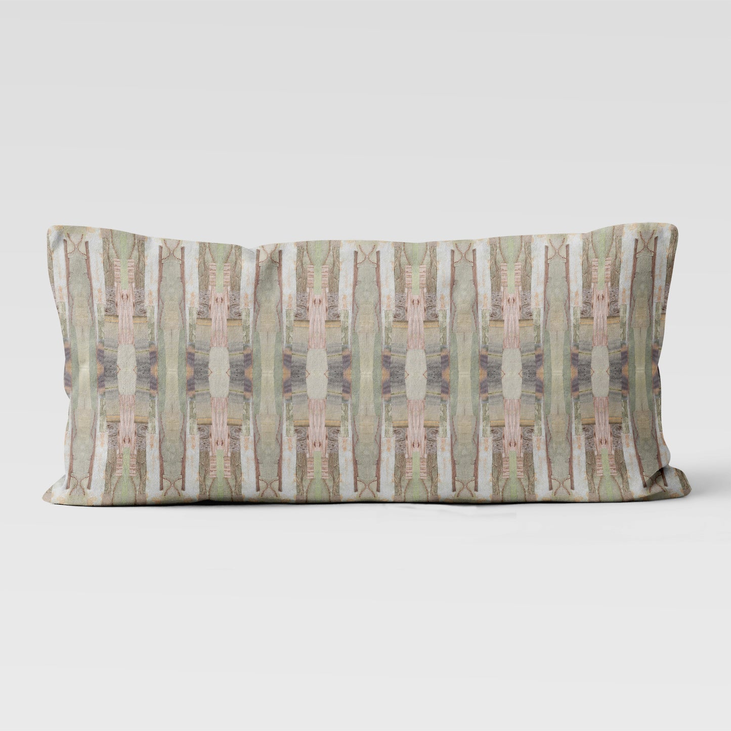 12 x 24 pillow featuring a pink, green, and beige cut paper collage pattern