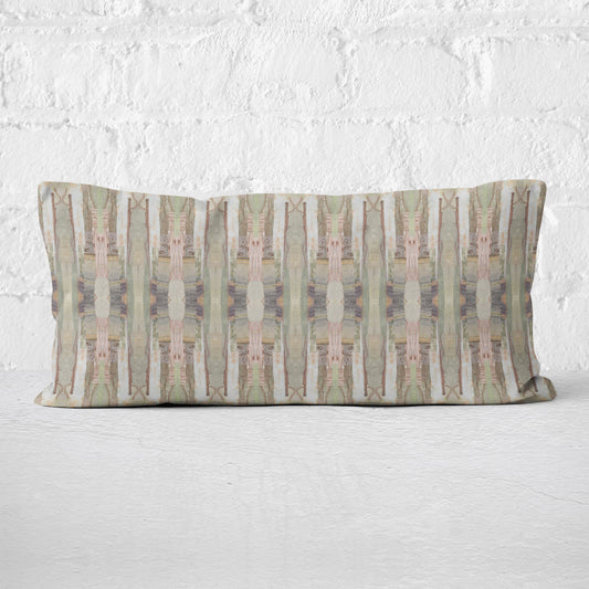 12 x 24 pillow featuring a pink, green, and beige cut paper collage pattern