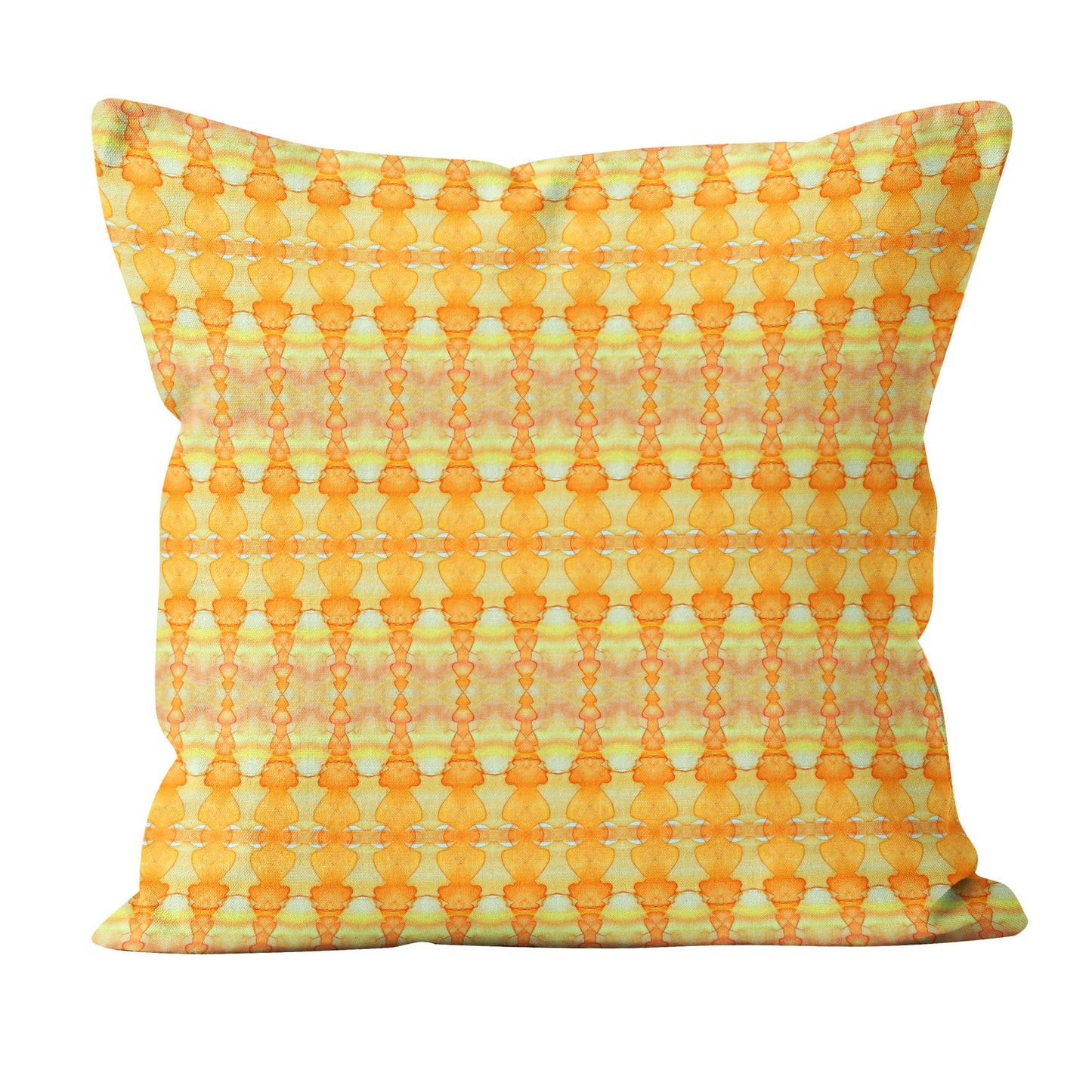 Square throw pillow featuring hand-painted pattern in yellow and orange