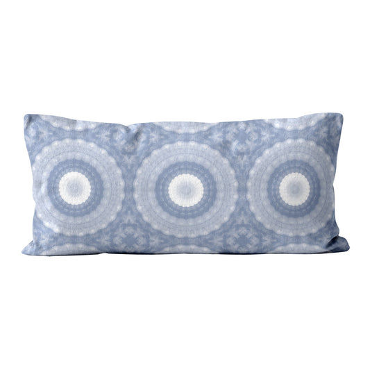 12x24 lumbar pillow featuring a hand-painted circular pattern in periwinkle blue.