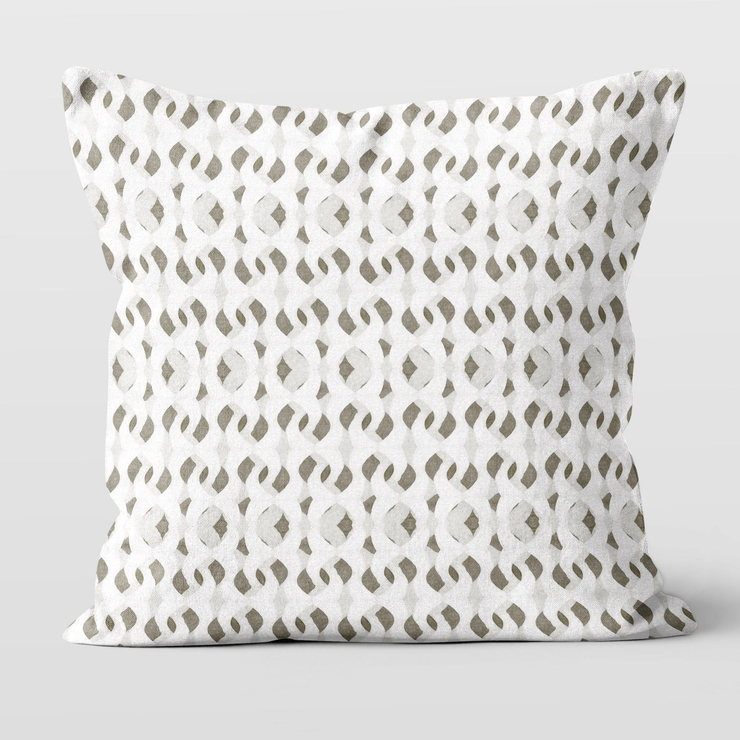 Square throw pillow featuring a painterly abstract pattern in off-white, tan, and gray.