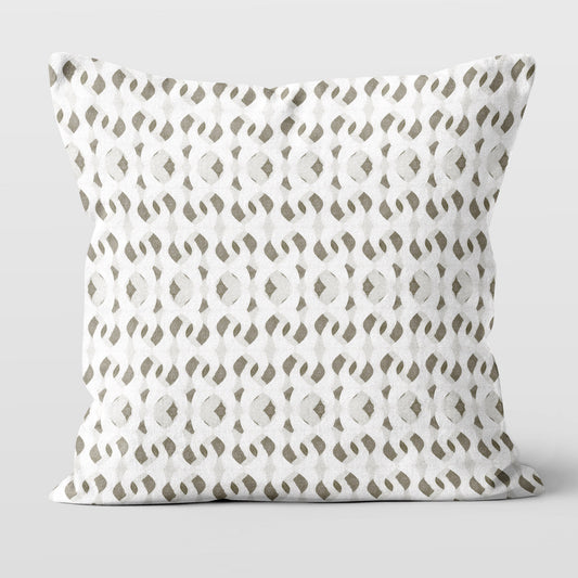Square throw pillow featuring a painterly abstract pattern in off-white, tan, and gray.