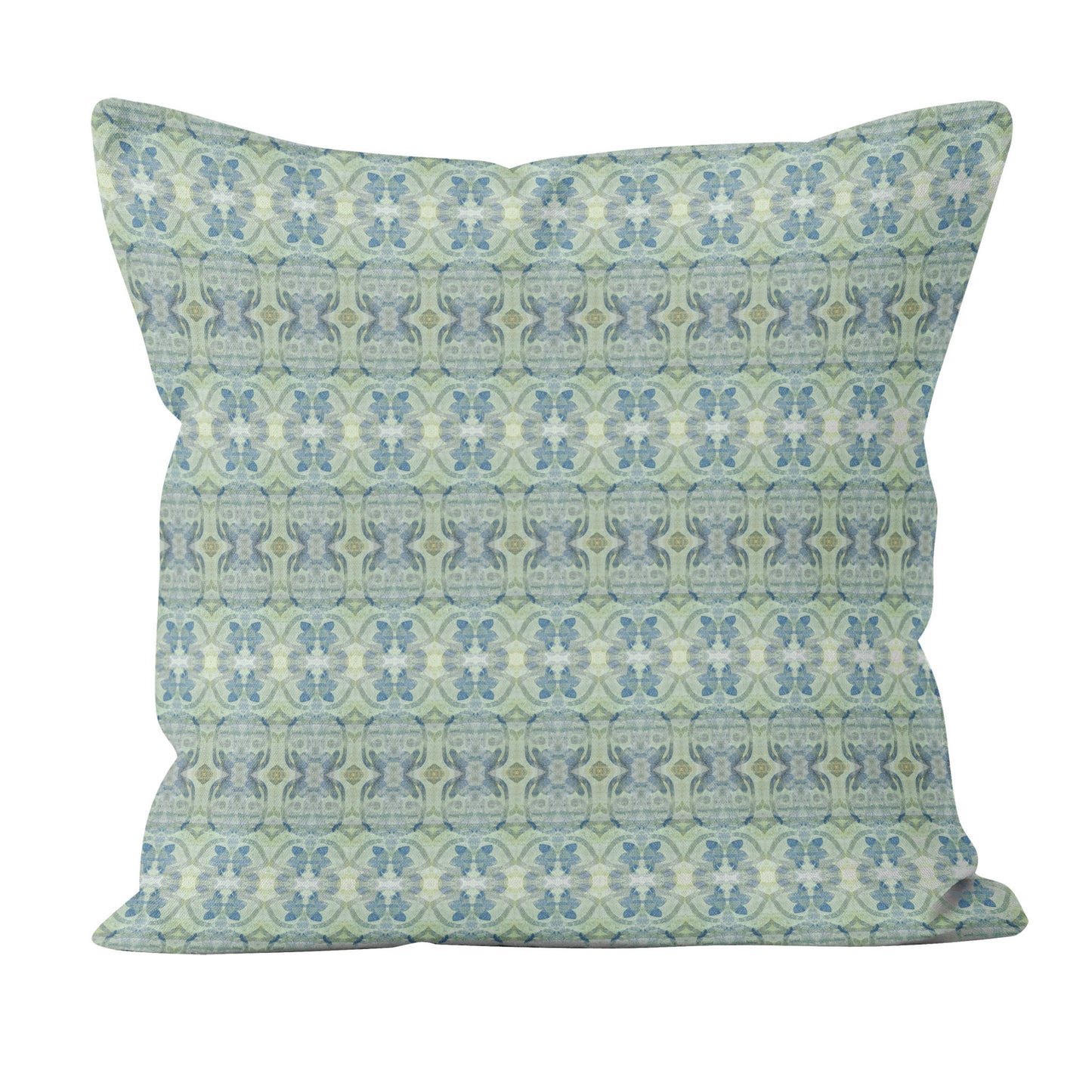 Cotton canvas throw pillow featuring an abstract blue and green pattern.