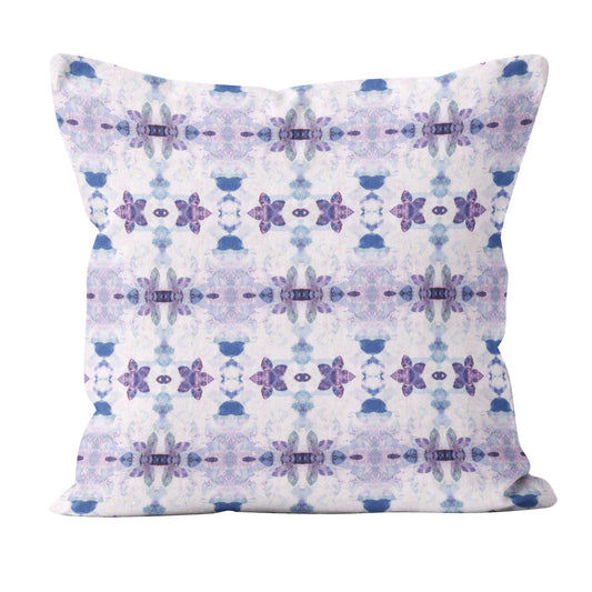 Square throw pillow featuring a purple and blue floral pattern