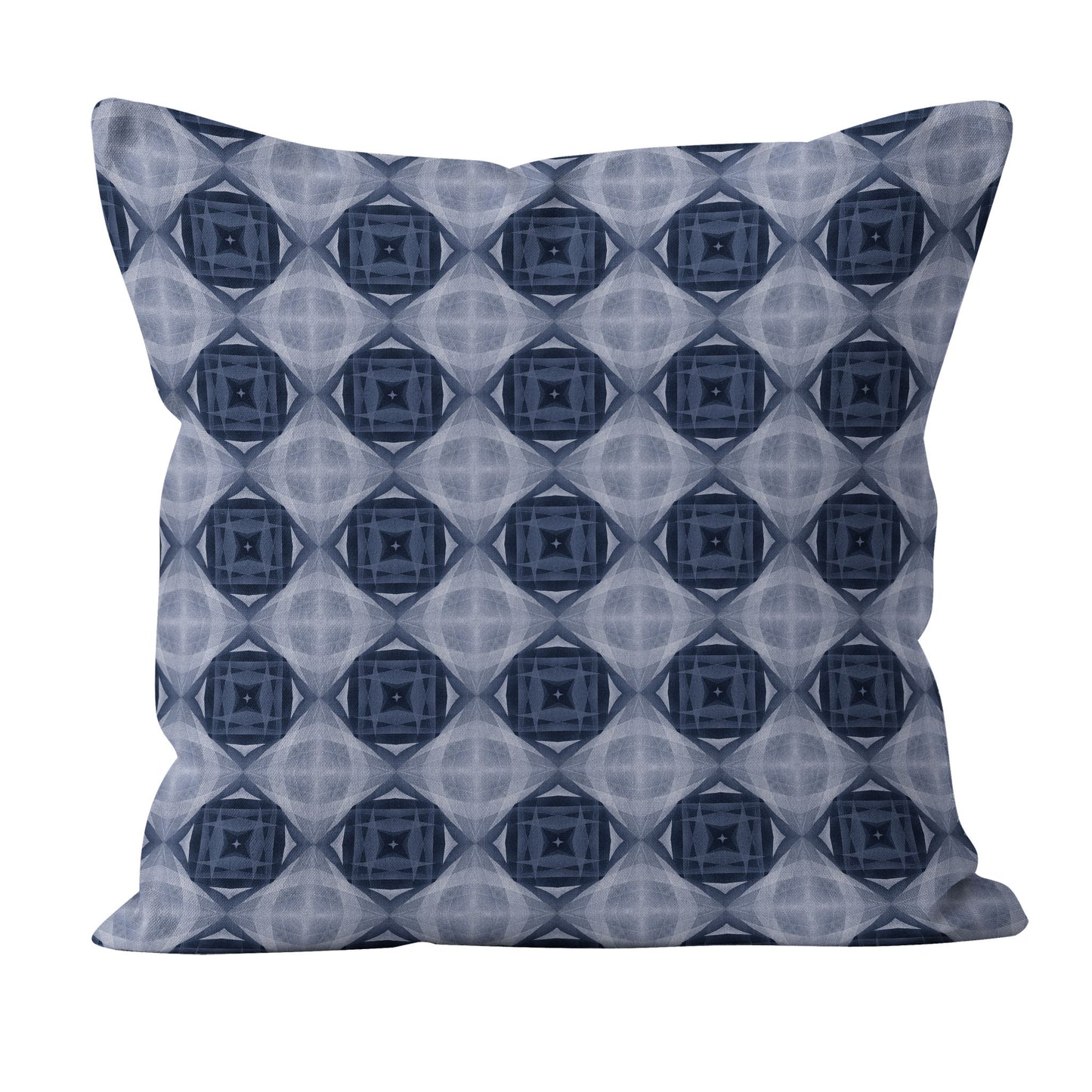 Pillow featuring a blue collage pattern.