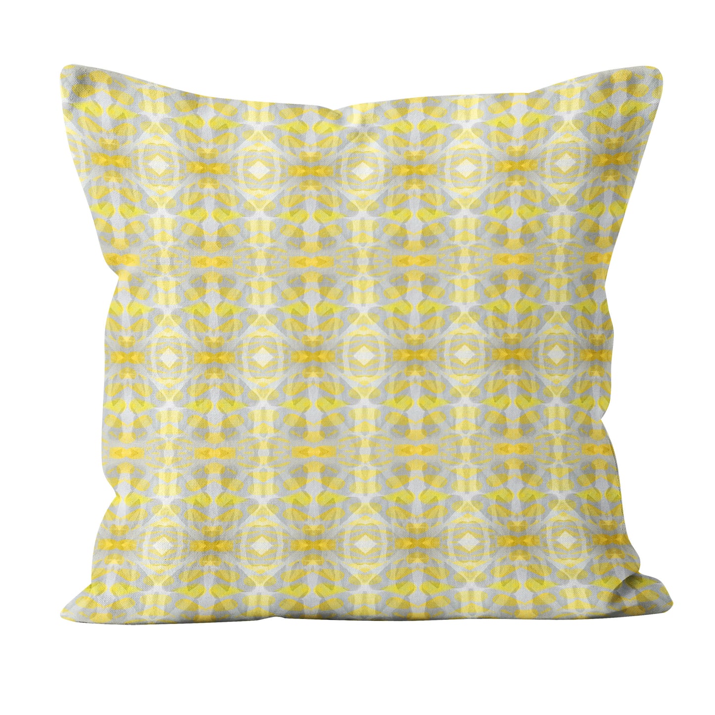 Square throw pillow featuring hand-painted yellow and grey pattern.