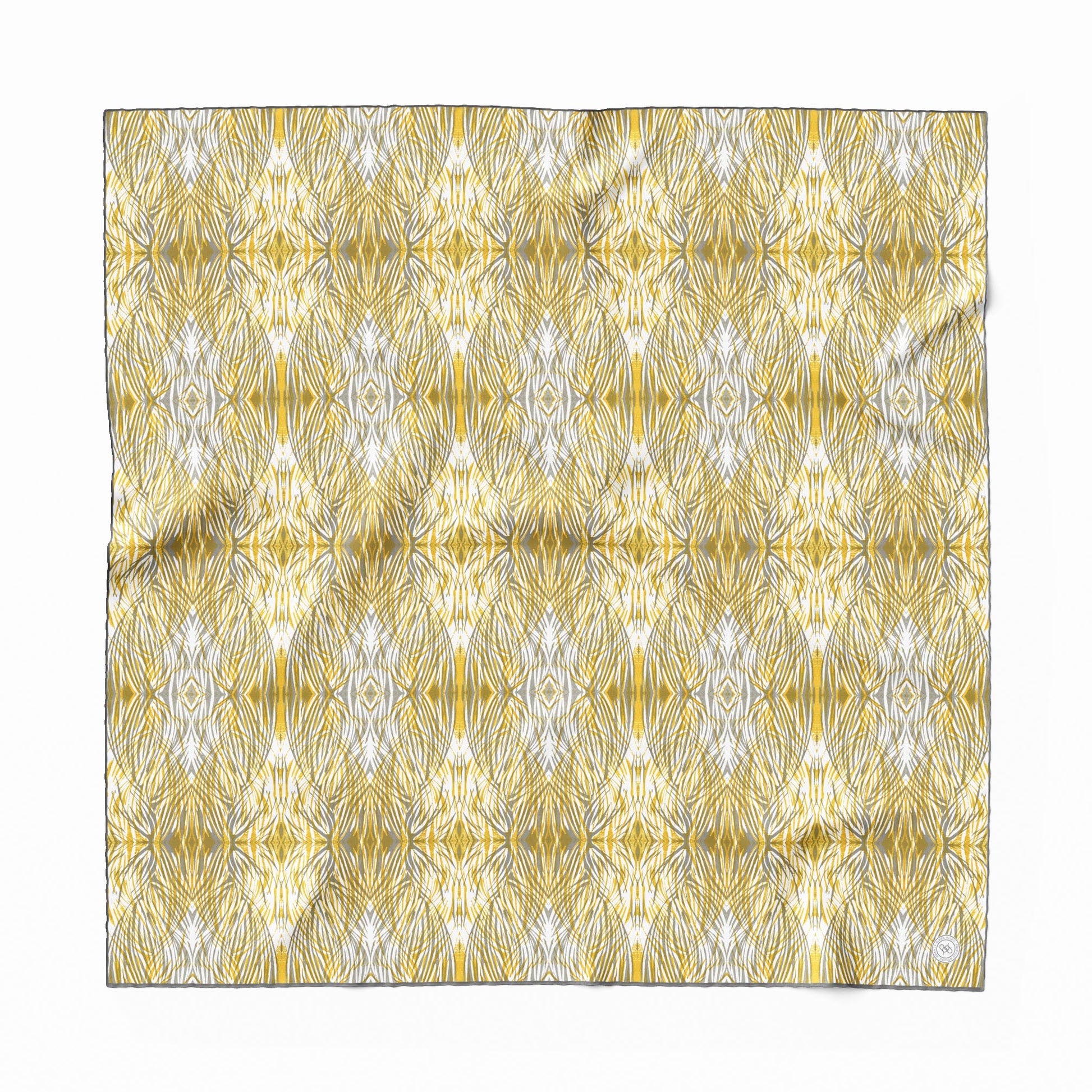 Silk scarf featuring a linocut print pattern in gold and gray.