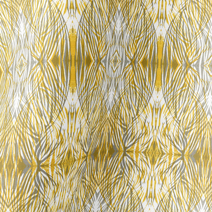 Detail of silk scarf featuring a linocut print pattern in gold and gray.