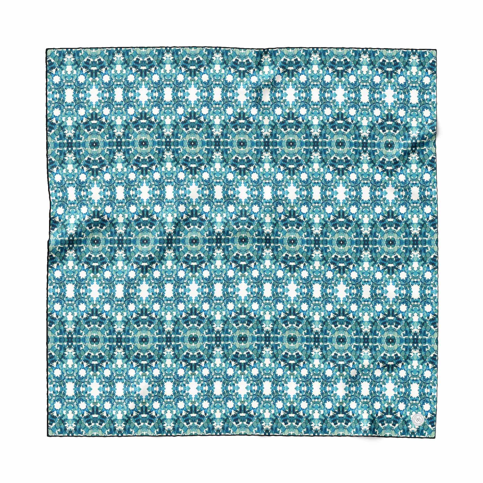 36x36 inch silk habotai scarf featuring a hand-painted pattern in teal, blue, and green tones.