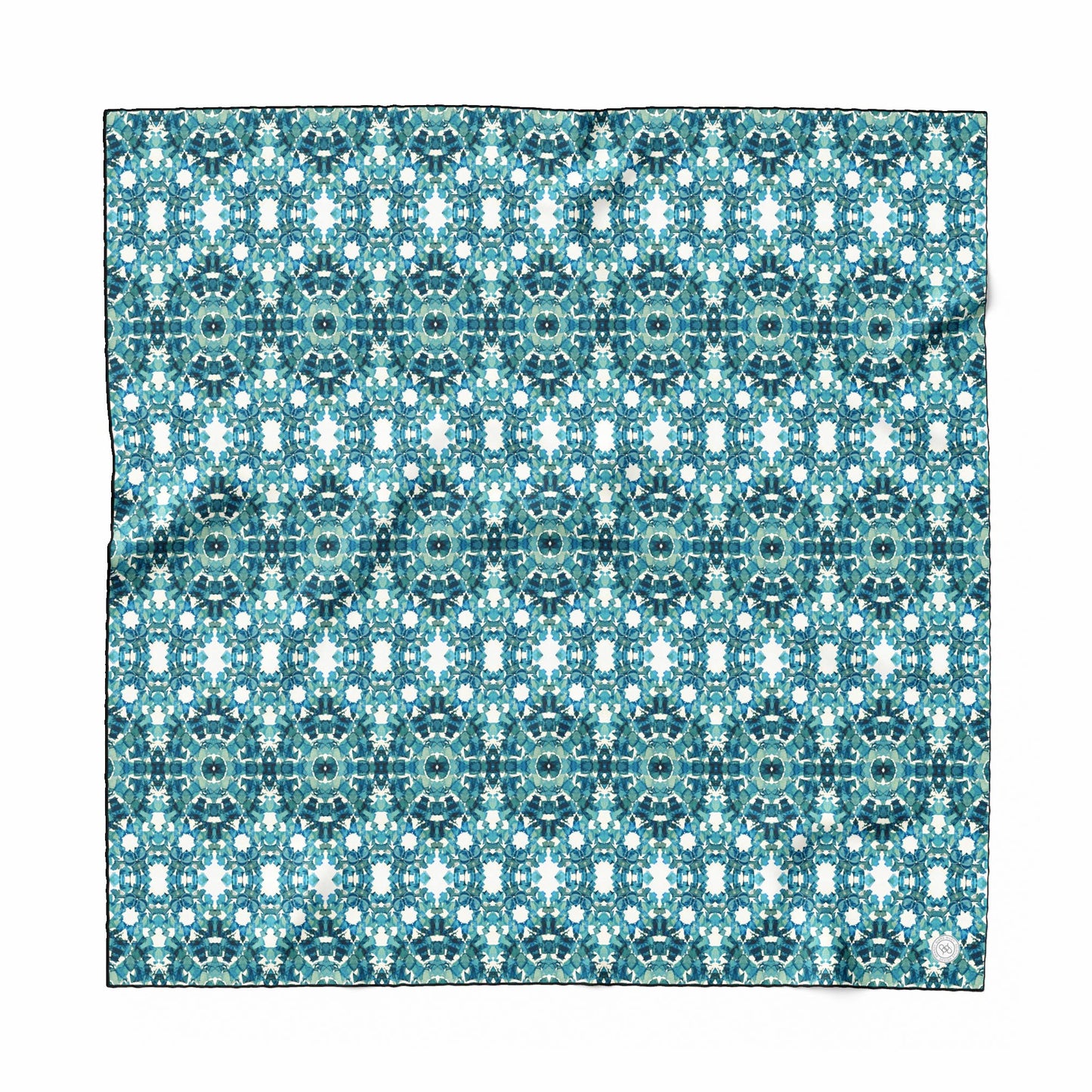 36x36 inch silk habotai scarf featuring a hand-painted pattern in teal, blue, and green tones.