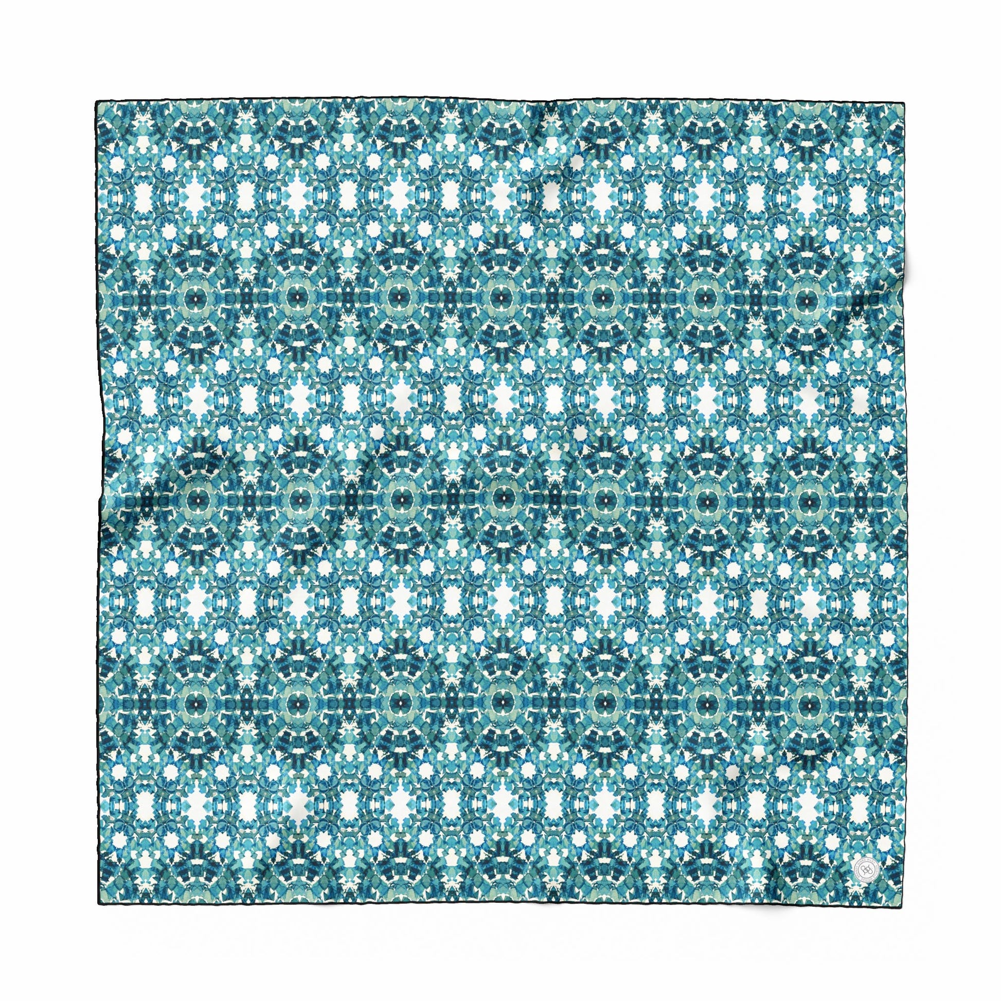 36x36 inch silk habotai scarf featuring a hand-painted pattern in teal, blue, and green tones.