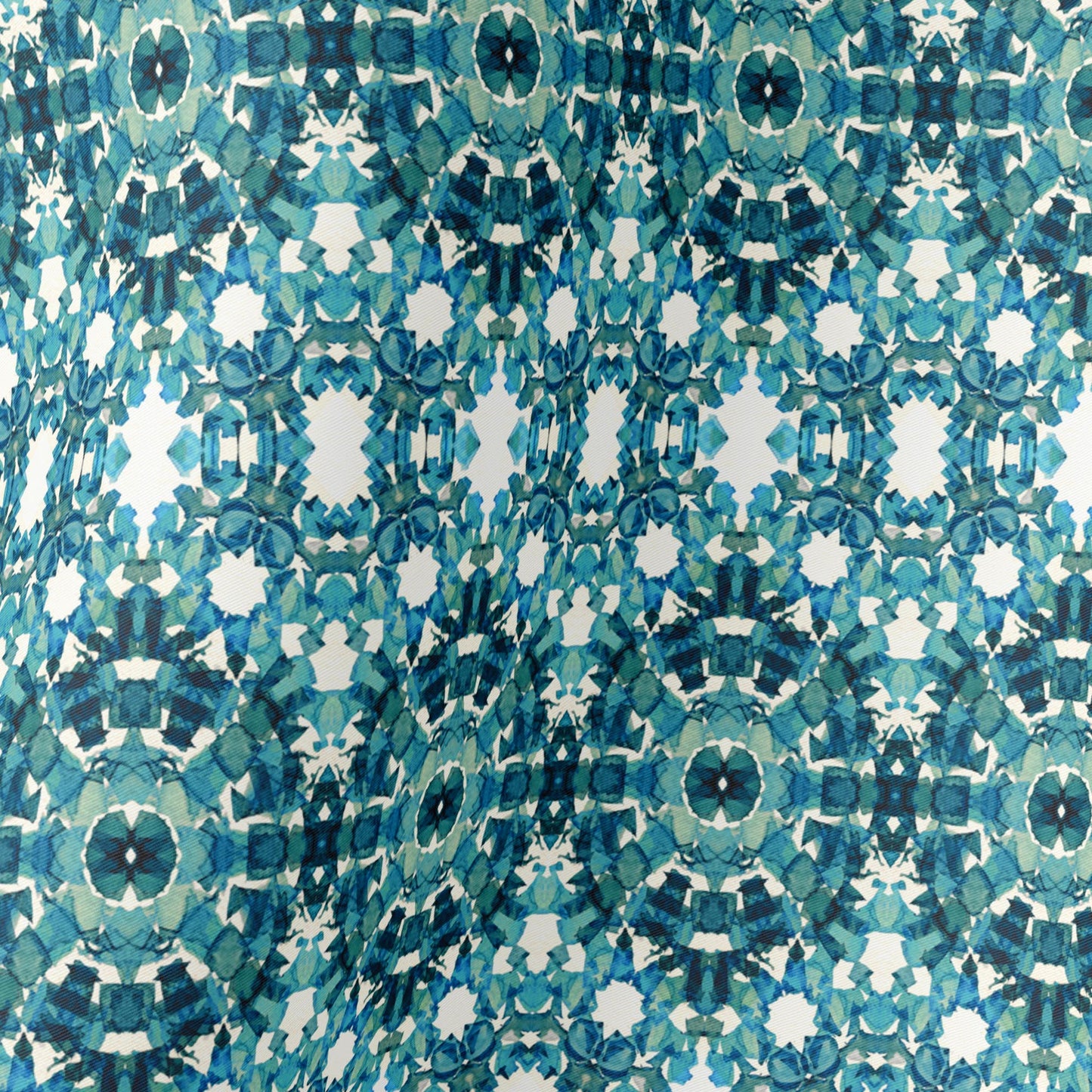 36x36 inch silk habotai scarf featuring a hand-painted pattern in teal, blue, and green tones.